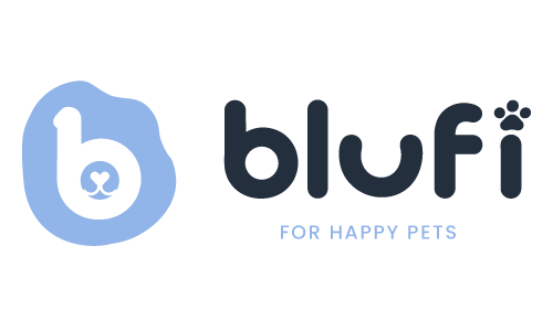 BluFi logo with a blue pet icon and text 'For Happy Pets' on a white background