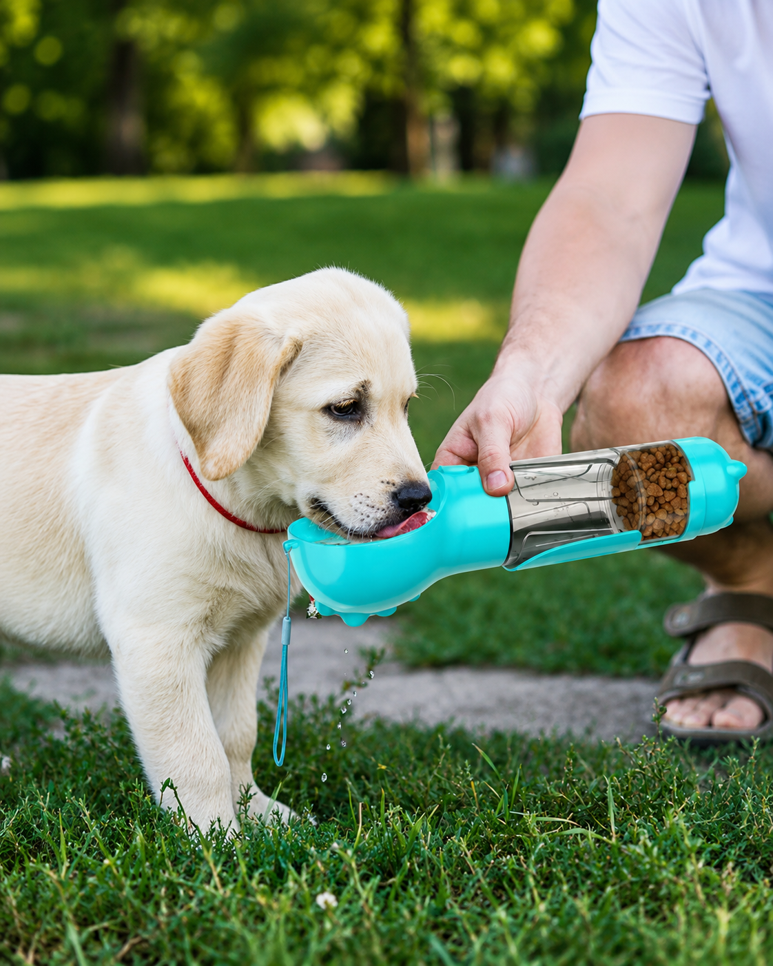 golden retriever puppy licking a blue water bottle their owner is holding. Dog is in a field with green grass.