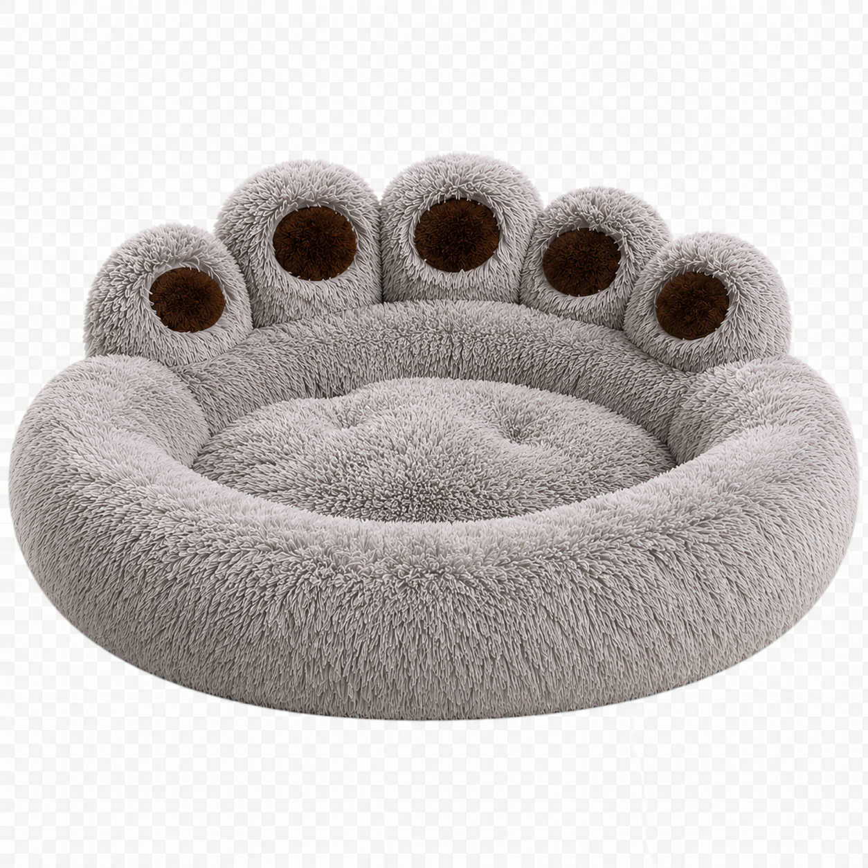 Gray pet bed shaped like a paw with brown pads on a white background