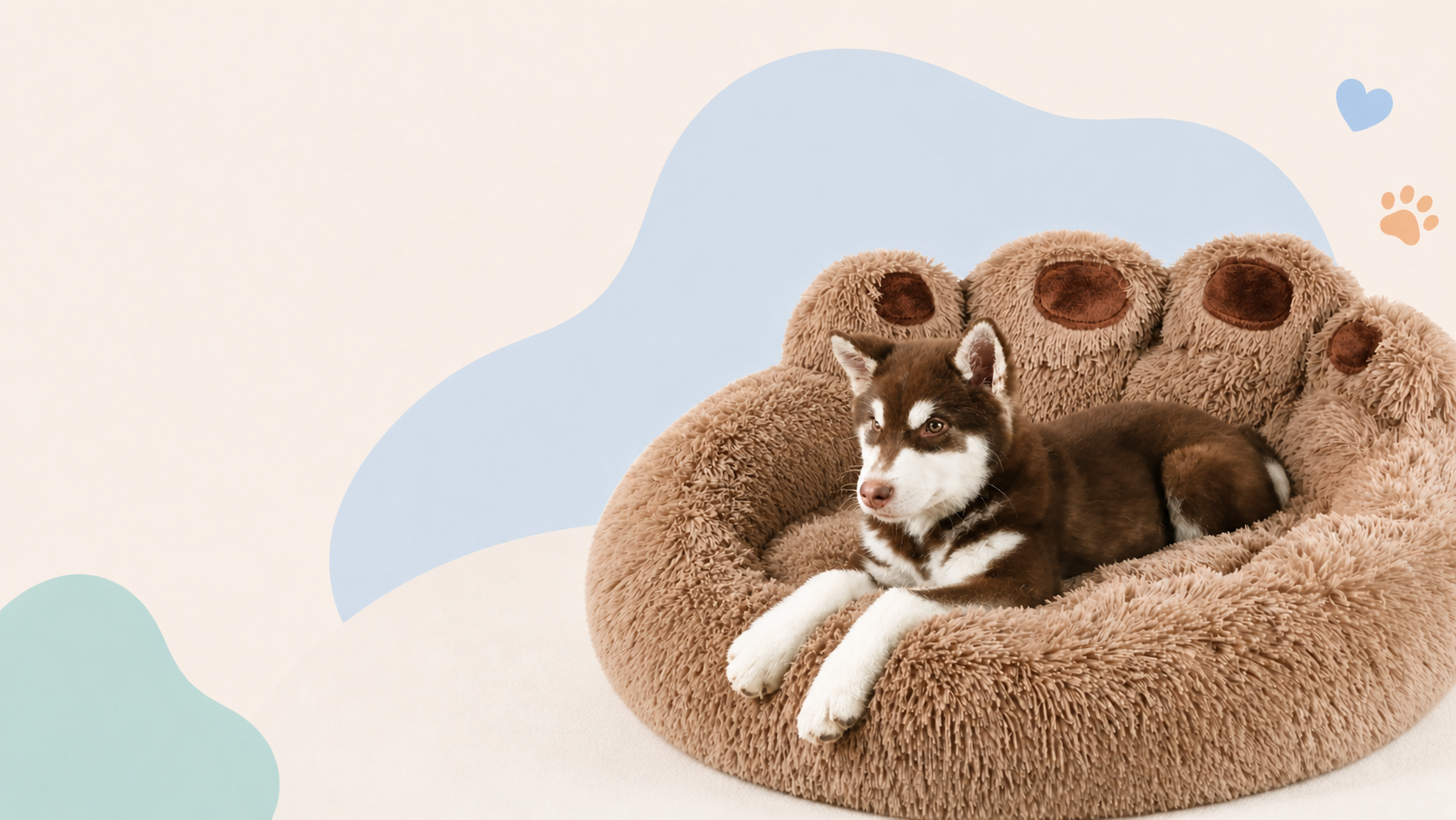 husky puppy on brown paw bed with a blue cloud shaped background with paw icon and heart icon in the top right and green cloud shape in bottom left and bream background
