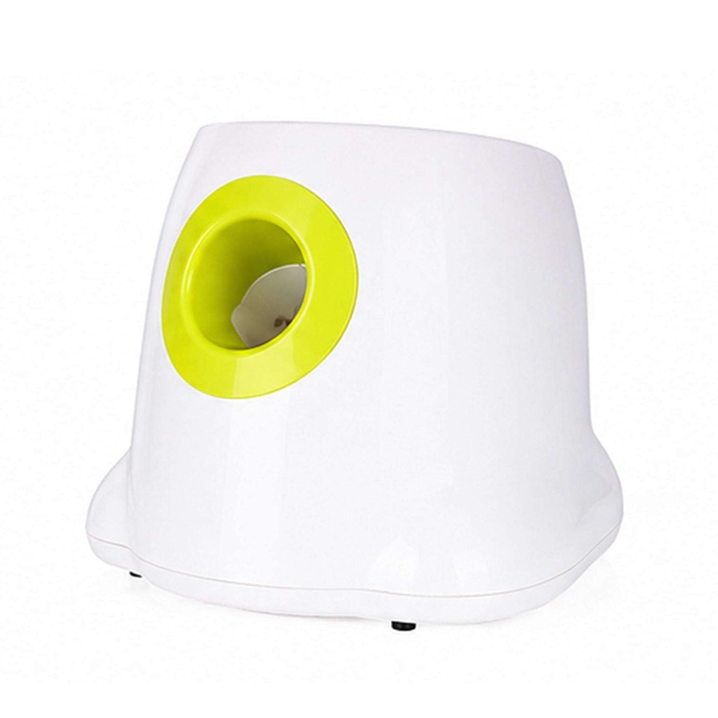 Blufi automatic ball launcher for dogs, pet accessory in action with a ball ready to be launched by the device.