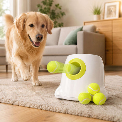 Blufi Automatic Ball Launcher for dogs, pet accessory from Shop Blufi, showing the device ready to launch a tennis ball for play.