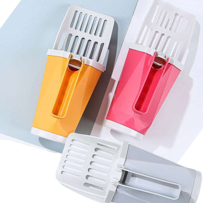 Orange, pink and grey cat litter box scoop, compact design for easy daily cat litter maintenance.