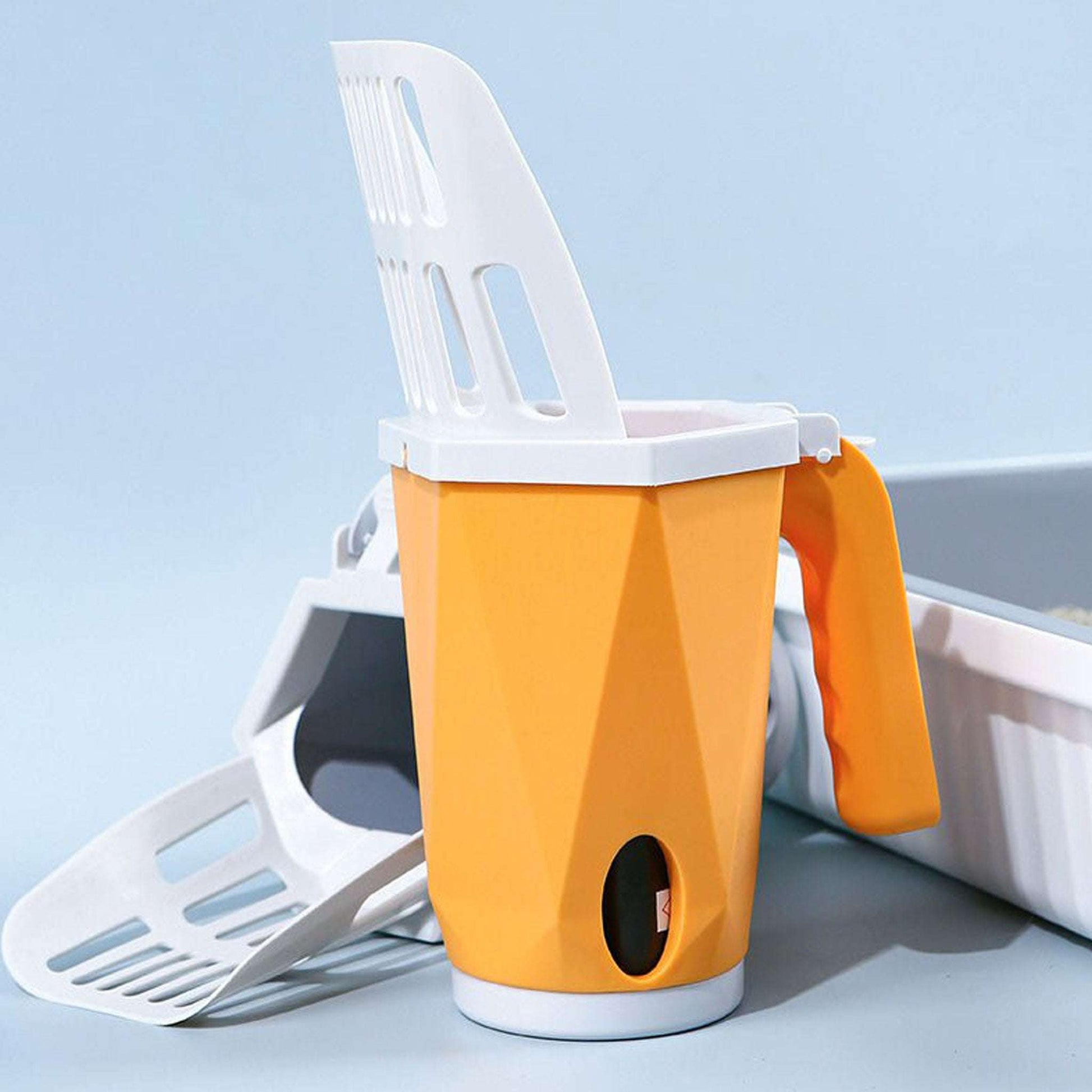 Blufi orange cat litter box scoop with wide scoop for easy waste removal.
