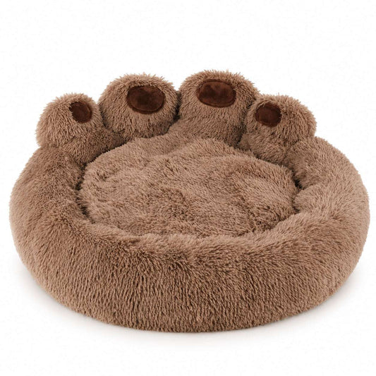 Pink Blufi Bear Paw Shaped Dog Bed for pets, featuring plush fabric and paw print design, perfect for small dogs or cats.